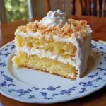 Slice of pineapple coconut dream cake topped with toasted coconut and whipped cream