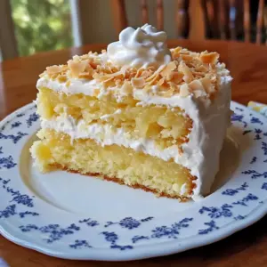 Slice of pineapple coconut dream cake topped with toasted coconut and whipped cream