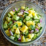 A colorful bowl of Pineapple Cucumber Salad with fresh herbs and lime dressing.