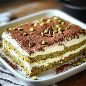 A creamy slice of Pistachio Tiramisu dusted with cocoa powder and sprinkled with chopped pistachios