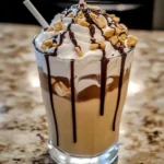 A tall glass of Reese's Peanut Butter Frappuccino topped with whipped cream and chocolate drizzle.