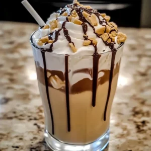 A tall glass of Reese's Peanut Butter Frappuccino topped with whipped cream and chocolate drizzle.