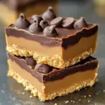 Close-up of Reese's peanut butter no-bake bars topped with chocolate