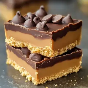 Close-up of Reese's peanut butter no-bake bars topped with chocolate