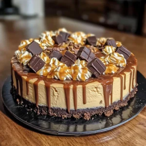 A slice of Reese's Radiant Rhapsody Cheesecake topped with peanut butter cups and chocolate ganache