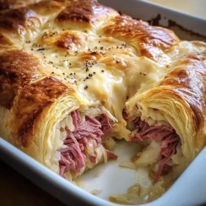 A freshly baked Reuben Crescent Bake topped with caraway seeds and melted Swiss cheese.