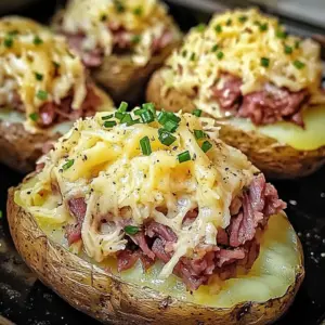 Baked potato stuffed with Reuben filling topped with melted Swiss cheese