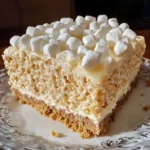 A slice of Rice Krispie Treat Cheesecake with a chocolate drizzle and marshmallow topping.