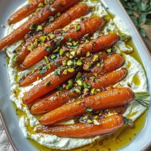 A plate of roasted carrots drizzled with hot honey and served over whipped ricotta.