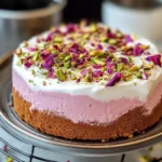 A soft and creamy Rose Milk Cake topped with whipped cream, pistachios, and dried rose petals.