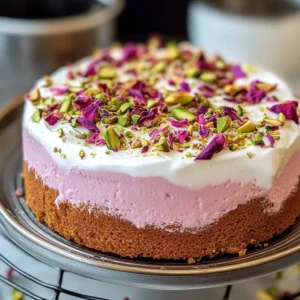 A soft and creamy Rose Milk Cake topped with whipped cream, pistachios, and dried rose petals.