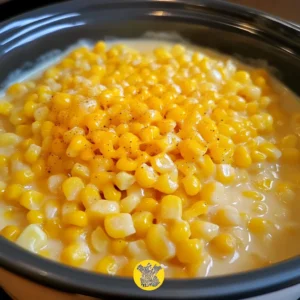 A bowl of Slow Cooker Cheddar Corn garnished with fresh herbs