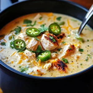 A bowl of smoky jalapeño popper soup with grilled chicken, topped with cheddar and jalapeños.