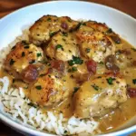 Creamy smothered chicken served over fluffy white rice