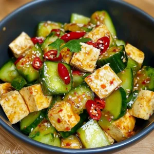 A bowl of Spicy Cucumber and Tofu Salad with sesame seeds and fresh herbs