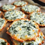 A plate of golden, crispy Spinach Dip Cheese Crisps garnished with fresh parsley.