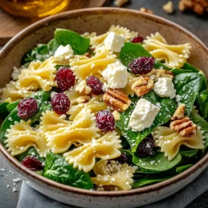 A colorful bowl of Spinach Pasta Salad with Feta, Cranberries, and toasted walnuts.