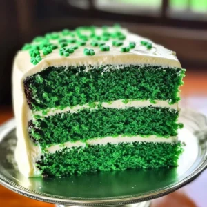A beautifully decorated St. Patrick’s Day Green Velvet Cake with cream cheese frosting