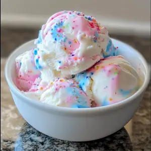 A scoop of Stargazer Cotton Candy Ice Cream with pastel swirls and cotton candy topping