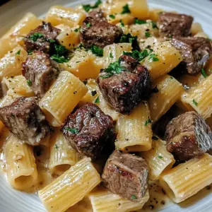 A bowl of Steak Bites in Rich Garlic Butter Sauce with Creamy Parmesan Rigatoni, garnished with parsley