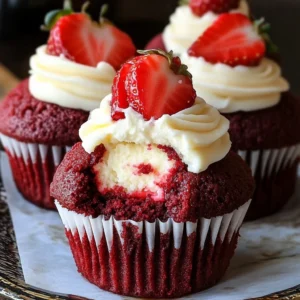 A close-up of a Strawberry Cheesecake Red Velvet Cupcake with cream cheese frosting and fresh strawberry garnish.