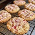 A plate of freshly baked Strawberry Crunch Cookies with a pink drizzle.