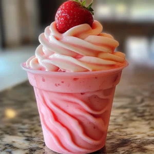 A bowl of Strawberry Dole Whip topped with fresh strawberries and mint
