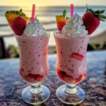 A vibrant Strawberry Piña Colada topped with Malibu whipped cream and fresh strawberries.