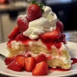 A plate of Strawberry Shortcake Bliss with fresh strawberries and whipped cream.