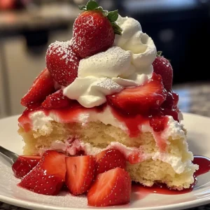 A plate of Strawberry Shortcake Bliss with fresh strawberries and whipped cream.