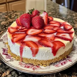 A beautifully sliced Strawberry Swirl Cheesecake with a marbled strawberry topping