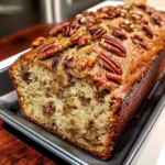 A warm slice of Sweet Alabama Pecan Bread with chopped pecans on top.