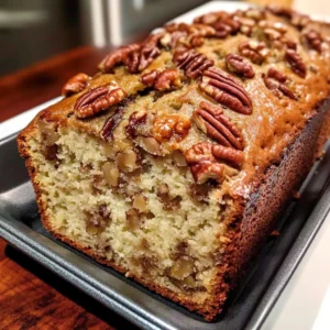 A warm slice of Sweet Alabama Pecan Bread with chopped pecans on top.