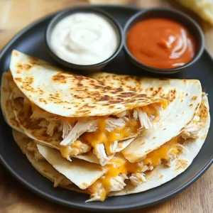 A cheesy Taco Bell Chicken Quesadilla Copycat sliced into quarters with a side of sauce.