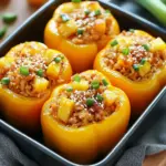 Teriyaki Pineapple Chicken & Rice Stuffed Peppers served fresh in a baking dish
