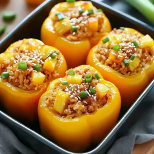 Teriyaki Pineapple Chicken & Rice Stuffed Peppers served fresh in a baking dish