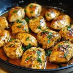 A skillet filled with golden, butter-glazed chicken garnished with fresh parsley.