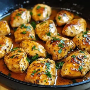 A skillet filled with golden, butter-glazed chicken garnished with fresh parsley.