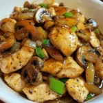 A plate of Black Pepper Chicken with Mushrooms served over rice
