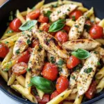 A bowl of Bruschetta Chicken Pasta topped with fresh basil and Parmesan