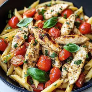 A bowl of Bruschetta Chicken Pasta topped with fresh basil and Parmesan