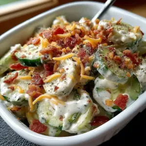 Crunchy cucumber snack topped with cheese, bacon, and drizzled dressing on a platter
