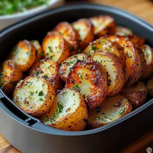 Golden crispy air fryer sliced potatoes in a bowl with herbs and dipping sauce