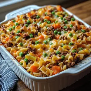 Creamy Amish Sunday Savior Casserole in a baking dish topped with melted cheddar cheese