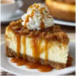 A slice of Apple Crisp Cheesecake with caramel drizzle