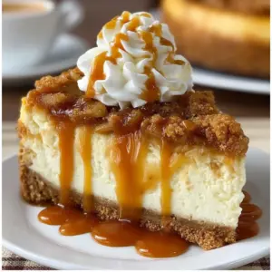 A slice of Apple Crisp Cheesecake with caramel drizzle