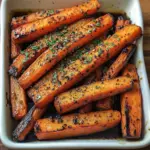 Roasted carrots drizzled with balsamic glaze and garnished with fresh thyme on a baking sheet