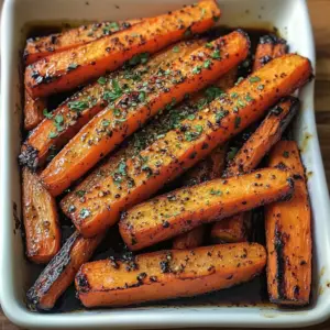 Roasted carrots drizzled with balsamic glaze and garnished with fresh thyme on a baking sheet