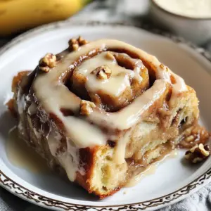 Freshly baked Banana Bread Cinnamon Rolls with cream cheese icing