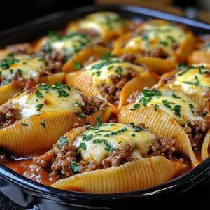 Cheesy beef-stuffed pasta shells with marinara in a white baking dish
